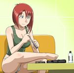  1girl bare_shoulders blue_eyes breasts cleavage feet forte_stollen red_hair sitting smile solo toes 