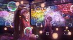  black_hair bubble bubble_blowing grey_hair hair_ornament hairclip highres japanese_clothes kneeling long_hair multiple_girls original pipe ponytail popopo_(popopo5656) psychedelic very_long_hair 