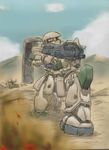  aiming cloud clouds desert ebihara_takeshi fire gpals78 gun gundam kneeling magella_attack mecha military_vehicle mobile_suit_gundam sand smoke tank vehicle weapon zaku zaku_ii 