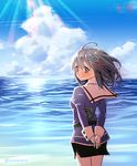  arms_behind_back black_hair blue_sky blush brown_eyes cloud day from_behind haguro_(kantai_collection) kantai_collection looking_back minimaru miniskirt ocean pantyhose short_hair skirt sky smile solo sparkle white_legwear 