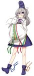  blue_eyes blush boots bow bowtie full_body grey_hair hands_in_opposite_sleeves hat highres kumadano long_hair long_sleeves mononobe_no_futo pom_pom_(clothes) ponytail ribbon simple_background smirk solo tate_eboshi touhou white_background wide_sleeves 