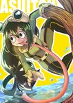  :&gt; asui_tsuyu belt black_eyes black_hair blush_stickers bodysuit boku_no_hero_academia brown_gloves character_name eyelashes frog_girl gloves goggles goggles_on_head green_bodysuit hair_rings hinaji long_hair long_tongue low-tied_long_hair outline solo tongue tongue_out water 