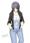  casual denim eyepatch hands_in_pockets highres jeans kantai_collection niwatazumi pants purple_hair shirt solo t-shirt tenryuu_(kantai_collection) translated yellow_eyes 