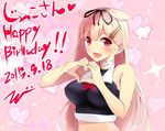  1girl :d adapted_costume alternate_costume bare_shoulders blonde_hair blush breasts commentary dated fang hair_flaps hair_ornament hair_ribbon hairclip happy_birthday heart heart_hands kantai_collection long_hair looking_at_viewer midriff open_mouth red_eyes remodel_(kantai_collection) ribbon simple_background smile solo tbd11 tebi_(tbd11) upper_body yuudachi_(kantai_collection) 