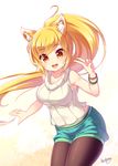  :d animal_ears artist_name black_legwear blonde_hair blueberry_(5959) blush bracelet breasts fox_ears highres jewelry large_breasts legwear_under_shorts long_hair looking_at_viewer open_mouth original pantyhose ribbed_sweater shorts signature sleeveless sleeveless_turtleneck smile solo sweater turtleneck v 