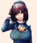  ascot black_gloves black_hair breasts brown_hair dearmybrothers gloves hat highres kantai_collection large_breasts long_sleeves military military_uniform parted_lips red_eyes salute solo takao_(kantai_collection) uniform upper_body 