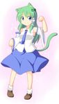  animal_ears armpits blue_eyes blush breasts cat_ears cat_tail collared_shirt detached_sleeves frog_hair_ornament green_hair hair_ornament kemonomimi_mode kochiya_sanae loafers long_hair looking_at_viewer medium_breasts necktie nitizyo paw_pose pigeon-toed shirt shoes skirt smile snake_hair_ornament socks solo tail touhou vest 