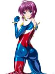  ahoge allenby_beardsley allenby_beardsley_(cosplay) ass blue_bodysuit bodysuit cosplay cowboy_shot g_gundam gundam gundam_seed gundam_seed_destiny looking_at_viewer lunamaria_hawke mobile_trace_suit multicolored multicolored_bodysuit multicolored_clothes purple_eyes purple_hair red_bodysuit sen_(sansui) short_hair simple_background skin_tight solo white_background 