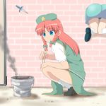  ass bangs beret blue_dress blue_eyes braid brick_wall chinese_clothes cooking dress ekusutashuu from_behind from_side hair_ribbon hat highres hong_meiling kaku_seiga knife long_hair looking_to_the_side multiple_girls parted_bangs parted_lips red_hair ribbon side_slit smile stuck tangzhuang through_wall touhou tress_ribbon twin_braids 