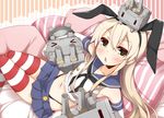  &gt;_&lt; :3 blonde_hair blush closed_eyes collarbone elbow_gloves gloves hairband kantai_collection long_hair looking_at_viewer lying microskirt midriff navel pillow pleated_skirt rensouhou-chan shimakaze_(kantai_collection) skirt striped striped_legwear thighhighs triangle_mouth white_gloves x3 yellow_eyes yume_no_owari |_| 