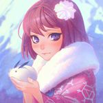  animal bad_id bad_tumblr_id brown_hair bunny eyelashes fur_collar hair_ornament holding holding_animal ilya_kuvshinov japanese_clothes kimono lips nose original purple_eyes short_hair solo upper_body 