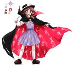  :d brown_eyes brown_hair cape clothes_writing full_body glasses gloves hat hat_ribbon huyusilver official_style oota_jun'ya_(style) open_mouth parody ribbon runes shirt short_hair skirt smile solo spoon style_parody touhou usami_sumireko vest 