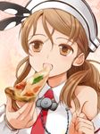 brown_eyes brown_hair chain food hat holding_pizza kantai_collection littorio_(kantai_collection) long_hair necktie pizza ponytail primary_stage slice_of_pizza smile solo 