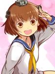  brown_eyes brown_hair hair_ornament kantai_collection looking_at_viewer open_mouth primary_stage salute school_uniform short_hair smile solo yukikaze_(kantai_collection) 