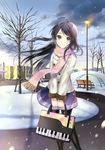  bag bare_tree black_eyes black_hair coat hanekoto lamp long_hair long_sleeves looking_at_viewer original outdoors pantyhose piano_print scarf skirt snow solo standing tree winter winter_clothes 