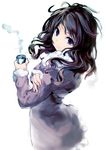  black_hair can coat from_side haori_iori long_hair looking_at_viewer messy_hair original purple_eyes simple_background smile solo white_background winter_clothes winter_coat 