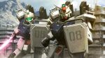  3d artist_name beam_saber building cloud commentary_request english_text ground_gm ground_gundam gundam gundam_08th_ms_team highres machinery mecha mecha_focus mobile_suit mountain no_humans realistic robot ruins s.hasegawa science_fiction shield v-fin watermark window 