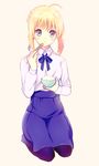  ahoge artoria_pendragon_(all) bad_id bad_pixiv_id blonde_hair bowl casual chopsticks eating fate/stay_night fate_(series) food food_on_face kokabu pantyhose rice rice_bowl rice_on_face saber seiza sitting solo 