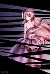  alternate_costume bare_arms bare_shoulders breasts collarbone dress expressionless fox_mask hata_no_kokoro highres kawabe_aya layered_dress long_hair mask medium_breasts pink_eyes pink_hair purple_background solo strapless strapless_dress striped striped_background touhou very_long_hair 