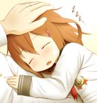  1girl admiral_(kantai_collection) bandaid bandaid_on_face brown_hair closed_eyes diisuke fang hair_ornament hairclip hand_on_another's_head ikazuchi_(kantai_collection) jewelry kantai_collection lap_pillow medal open_mouth petting ring short_hair sleeping sleeping_on_person sleeves_past_wrists solo_focus wedding_band zzz 