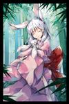  alternate_costume animal animal_ears animal_hug bamboo bamboo_forest bunny bunny_ears closed_eyes forest frame highres inaba japanese_clothes kimono long_hair long_sleeves murachiki nature silver_hair smile solo tears touhou wide_sleeves 