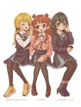  3girls :o ;d antenna_hair black_pantyhose blazer blonde_hair blue_overskirt blue_ribbon blue_skirt braid brown_hair brown_jacket cellphone chiri_sousu commentary_request fujita_kotone full_body gakuen_idolmaster green_hair hanami_saki hatsuboshi_gakuen_school_uniform high_heels highres holding holding_phone idolmaster invisible_chair jacket loafers long_sleeves looking_at_another multiple_girls neck_ribbon one_eye_closed pantyhose phone pleated_skirt ribbon school_uniform shirt shoes simple_background sitting skirt skirt_set smile tsukimura_temari twin_braids two_side_up white_background white_shirt 