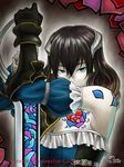  bare_shoulders black_hair bloodstained:_ritual_of_the_night blue_eyes breasts brown_hair cleavage covered_mouth detached_sleeves gauntlets gradient_hair hair_between_eyes highres looking_at_viewer medium_breasts miriam_(bloodstained) mismatched_sleeves multicolored_hair norinoko pale_skin planted_sword planted_weapon short_hair single_gauntlet solo stained_glass sword weapon 