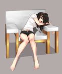  bare_legs barefoot black_eyes black_hair chair copyright_request full_body grey_background jpeg_artifacts looking_at_viewer open_fly shirt short_shorts short_sleeves shorts sitting solo tsukino_wagamo twintails unzipped 