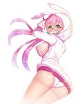  ass bad_id bad_pixiv_id blush breasts bunny embarrassed from_behind glasses gloves grabbing green_eyes hood hoodie jacket large_breasts long_hair looking_at_viewer looking_back nipples open_clothes open_hoodie open_mouth original panties pink_hair simple_background solo thighs underwear white_gloves white_panties yuruto zipper 
