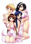  :d :o absurdres bangs bare_shoulders barefoot bed_sheet black_hair blonde_hair blue_eyes blue_hair breasts brown_hair cleavage clenched_hand covered_navel crossed_arms fujieda_ayame futa_ane hair_intakes hairband happy highres hips huge_filesize knee_up large_breasts light_smile long_hair looking_at_viewer multiple_girls naked_sheet official_art open_mouth red_eyes scan shinonome_kazuhiko short_hair sideboob sidelocks simple_background sitting smile takachiho_wakaba thighs white_background yamashiro_haruka yamashiro_mikoto 