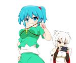  animal_ears between_breasts blue_eyes blue_hair blush breast_lift breasts bridal_gauntlets detached_sleeves grin hair_bobbles hair_ornament hand_on_hip handheld_game_console hitotsubashi_inari impossible_clothes impossible_shirt inubashiri_momiji kawashiro_nitori key looking_at_viewer medium_breasts multiple_girls no_hat no_headwear playing_games playstation_portable pointing pointing_at_self red_eyes shirt short_hair skirt smile strap_cleavage strap_pull touhou twintails white_hair wolf_ears 