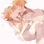  1girl ascot blonde_hair blush brother_and_sister closed_eyes detached_sleeves flower hair_ornament hair_ribbon hairpin hand_on_another's_head hetero incest kagamine_len kagamine_rin kiss looking_at_another lying makoji_(yomogi) necktie on_back ponytail ribbon sailor_collar short_hair siblings treble_clef twincest twins vocaloid 