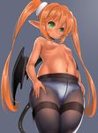  black_legwear blonde_hair bow bow_panties breasts bright_pupils character_request cowboy_shot crotch_seam demon_tail demon_wings eyebrows_visible_through_hair green_eyes grey_background hands_on_hips hobby_(kento) long_hair navel nipples panties panties_under_pantyhose pantyhose pointy_ears simple_background slit_pupils small_breasts solo tail thighband_pantyhose topless twintails underwear underwear_only very_long_hair white_panties wings 