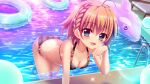  1girl ahoge arm_support ass bent_over bikini black_bikini blue_eyes blue_innertube blush braid breasts chair cleavage dot_nose film_grain from_above game_cg gem hand_on_own_chin inflatable_dolphin inflatable_toy izumi_tsubasu lens_flare looking_at_viewer lounge_chair night non-web_source official_art open_mouth orange_gemstone orange_hair plaid_bikini plaid_clothes pool pool_ladder re:stage! red_gemstone shikimiya_mana short_hair small_breasts smile solo sparkle swimsuit wading 