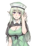  breasts cleavage cleavage_cutout dress elf green_dress green_hair h_kasei hand_in_hair hat large_breasts long_hair looking_at_viewer original pointy_ears puffy_short_sleeves puffy_sleeves purple_eyes shirt short_sleeves smile solo upper_body very_long_hair 