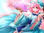  blush cherry_blossoms fan flower folding_fan nagare pink saigyouji_yuyuko short_hair smile solo touhou 