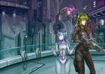  3girls alpha_(acerailgun) android armor assault_rifle blue_hair borrowed_character city fingerless_gloves floating full_armor ghost gloves green_eyes green_hair gun isabelle_(acerailgun) long_hair marwan_islami multiple_girls original pointing pointy_ears purple_eyes purple_hair rifle rynn_(acerailgun) scarf signature transparent weapon yellow_eyes 