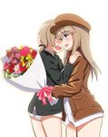  blue_eyes blush bottomless bouquet brown_hair cowboy_shot crying flower hat hug jacket kaneko_(novram58) long_hair lynette_bishop military military_uniform multiple_girls panties siblings sisters strike_witches tears underwear uniform white_panties wilma_bishop world_witches_series 