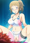  1boy 1girl blonde_hair blue_eyes blush breasts censored cleavage clothed_sex cowgirl_position erect_nipples girl_on_top gundam gundam_build_fighters gundam_build_fighters_try hetero highres hoshino_fumina large_breasts legs long_hair looking_down lying midriff mosaic_censoring navel no_panties penis ponytail pussy sex simple_background sitting sitting_on_person smile solo_focus straddling studio_sunadokei sweat thighs torn_clothes vaginal 