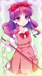  alternate_costume amo blush bow dress expressionless frame gohei gradient gradient_background green_background hair_bow hair_ribbon hair_tubes hakurei_reimu hakurei_reimu_(pc-98) highres long_hair long_sleeves looking_at_viewer plaid plaid_dress purple_background purple_eyes purple_hair ribbon shirt sketch solo standing star starry_background touhou touhou_(pc-98) unmoving_pattern white_shirt 