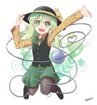  alternate_costume black_legwear green_eyes green_hair hat hat_ribbon heart heart-shaped_pupils heart_of_string highres komeiji_koishi long_hair long_sleeves looking_at_viewer open_mouth outstretched_arm pantyhose ribbon shirt skirt smile solo symbol-shaped_pupils third_eye touhou vest yutamaro 