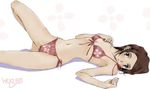  :o artist_name bikini blush brown_eyes brown_hair floral_print flower fuu lying mugen02 navel samurai_champloo short_hair side-tie_bikini solo swimsuit white_background 