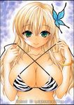  animal_print artist_name bikini_top blonde_hair blush boku_wa_tomodachi_ga_sukunai breasts butterfly_hair_ornament green_eyes hair_ornament kashiwazaki_sena large_breasts long_hair looking_at_viewer nightmare77zx smile solo tiger_print traditional_media 