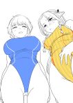  2girls absurdres blue_one-piece_swimsuit blush breasts closed_eyes competition_swimsuit dungeon_meshi falin_touden falin_touden_(tallman) highres kaiman_garupan large_breasts marcille_donato multiple_girls one-piece_swimsuit pointy_ears short_hair standing swimsuit yellow_one-piece_swimsuit yellow_swimsuit 
