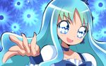  blue blue_background blue_bow blue_choker blue_eyes blue_hair bow choker cure_marine earrings floral_background flower_earrings go!_princess_precure haru_(nature_life) heartcatch_precure! jewelry kurumi_erika long_hair magical_girl o_kakugo_wa_yoroshikute? parody precure smile solo wrist_cuffs 