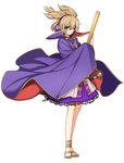  anklet brown_eyes brown_hair cape dress earmuffs full_body jewelry kumadano looking_at_viewer one_eye_closed ritual_baton sandals short_hair simple_background smile solo sword touhou toyosatomimi_no_miko weapon white_background 