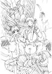  2girls akiyoshi_yoshiaki angel_wings ayanami_rei candle cello feathers formal giant_hand greyscale highres ikari_shinji instrument lineart monochrome multiple_boys multiple_girls nagisa_kaworu neon_genesis_evangelion sheet_music souryuu_asuka_langley suit wings 