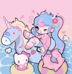  1girl ;p animal blue-tinted_eyewear blue_eyes blue_hair blue_innertube blue_skirt blush_stickers bow bubble cat closed_mouth clothed_animal clothes collared_shirt commentary dress english_commentary eyelashes fairy_miku_(project_voltage) flower full_body glasses gradient_background green_flower hair_flower hair_ornament hands_on_own_chin hatsune_miku heart hello_kitty hello_kitty_(character) hibiscus holding holding_phone inflatable_unicorn jigglypuff leg_warmers light_blush long_hair long_sleeves looking_at_viewer miniskirt multicolored_hair naawberry neckerchief no_mouth on_innertube one_eye_closed opaque_glasses phone pink-framed_eyewear pink_background pink_bow pink_dress pink_footwear pink_hair pink_innertube pink_shirt plaid_clothes plaid_skirt pokemon pokemon_(creature) pom_pom_(clothes) pool project_voltage red_flower ribbon sanrio shirt sitting skirt star_(symbol) star_in_eye streaked_hair striped_innertube sunglasses symbol_in_eye tinted_eyewear tongue tongue_out two-tone_innertube very_long_hair vocaloid whiskers white_cat white_flower white_leg_warmers white_neckerchief yellow_innertube 