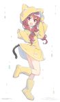  :d animal_ears animal_hood blush boots cat_ears cat_tail curly_hair drill_hair fang from_side full_body hazuki_watora hood jpeg_artifacts leg_up long_hair looking_at_viewer no_panties open_mouth original peko purple_eyes rain raincoat red_hair rubber_boots sidelocks simple_background sleeves_past_wrists smile solo standing tail white_background yellow_footwear 