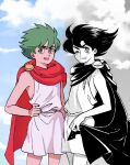  2boys brown_eyes cape dual_persona green_hair grin hand_on_own_hip hashi84e highres male_focus multiple_boys one_eye_closed open_mouth outdoors partially_colored red_cape short_hair smile toga triton_(umi_no_triton) umi_no_triton 